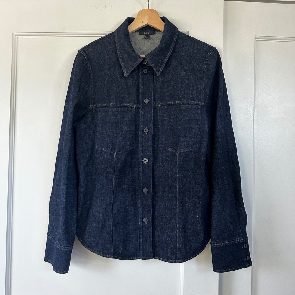 COS Dark Indigo Denim Shirt Jacket Women Size 12 Blue Button Up Shacket Stretch